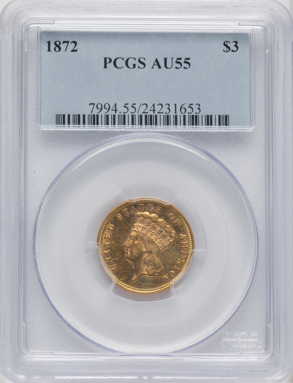 1872 $3 Three Dollar Gold Pieces PCGS AU55