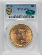 1920 $20 CAC Saint-Gaudens Double Eagle PCGS MS64+