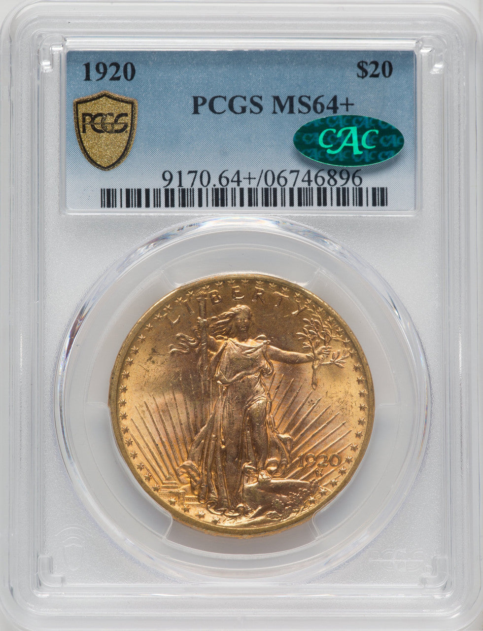 1920 $20 CAC Saint-Gaudens Double Eagle PCGS MS64+