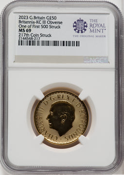 2023 G.B. G$50 BRITTANIA-KC III OBVERSE 217TH COIN STRUCK Royal Succession NGC MS69