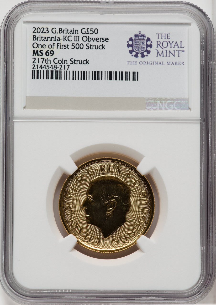 2023 G.B. G$50 BRITTANIA-KC III OBVERSE 217TH COIN STRUCK Royal Succession NGC MS69