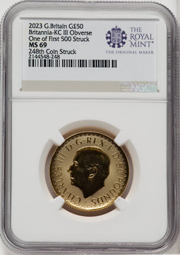2023 G.B. G$50 BRITTANIA-KC III OBVERSE 248TH COIN STRUCK Royal Succession NGC MS69