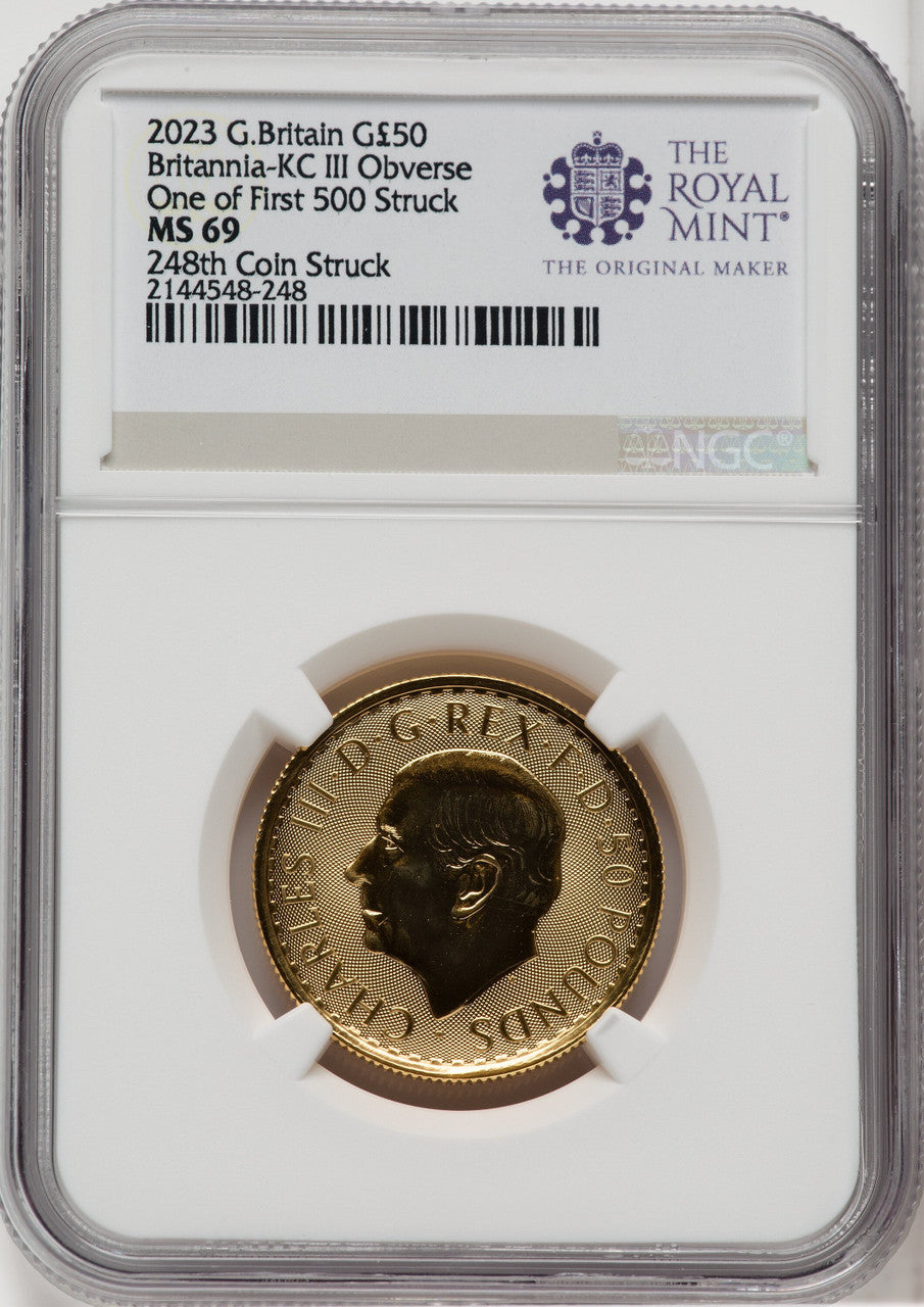 2023 G.B. G$50 BRITTANIA-KC III OBVERSE 248TH COIN STRUCK Royal Succession NGC MS69