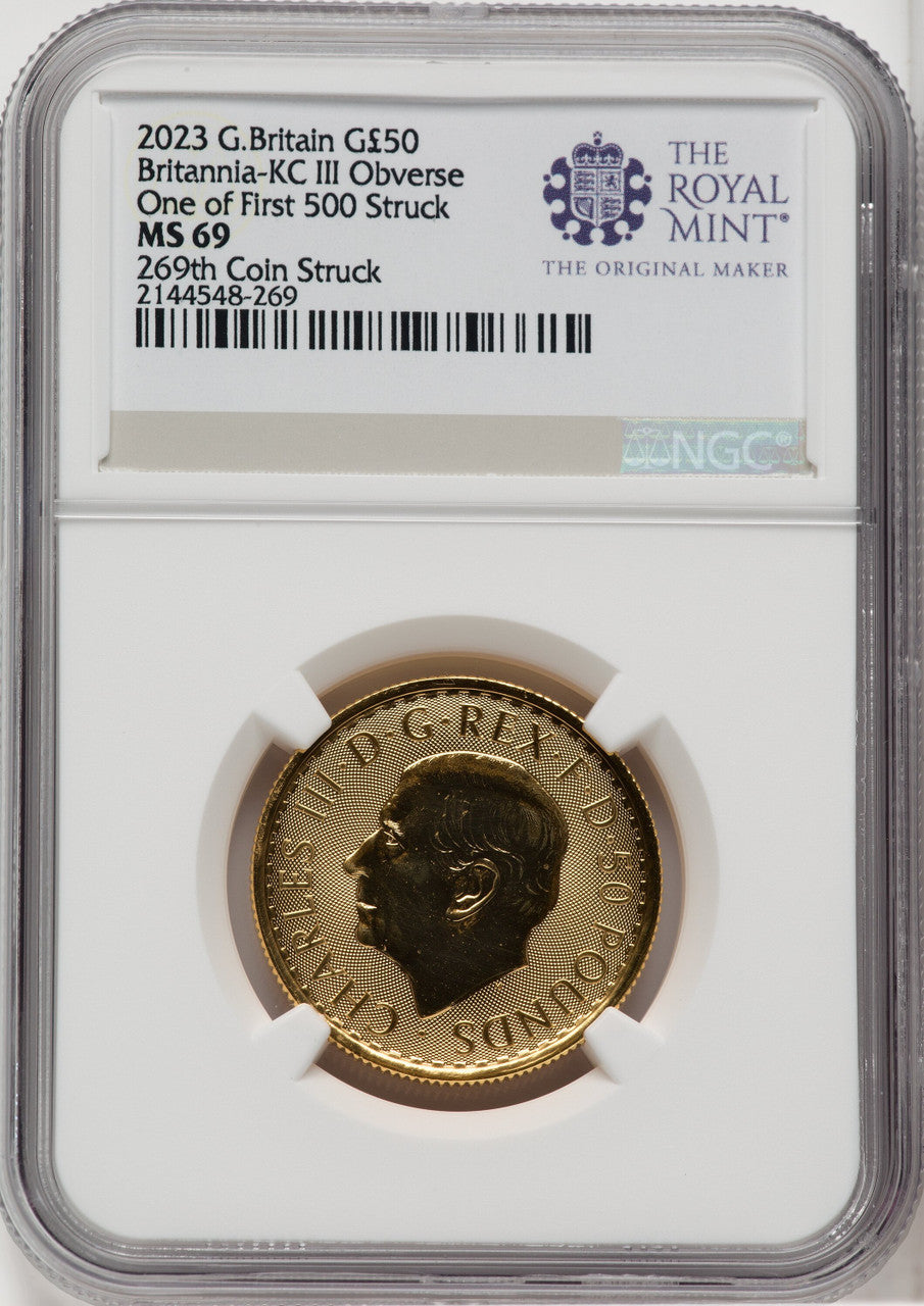 2023 G.B. G$50 BRITTANIA-KC III OBVERSE 269TH COIN STRUCK Royal Succession NGC MS69