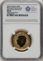 2023 G.B. G$50 BRITTANIA-KC III OBVERSE 300TH COIN STRUCK Royal Succession NGC MS69
