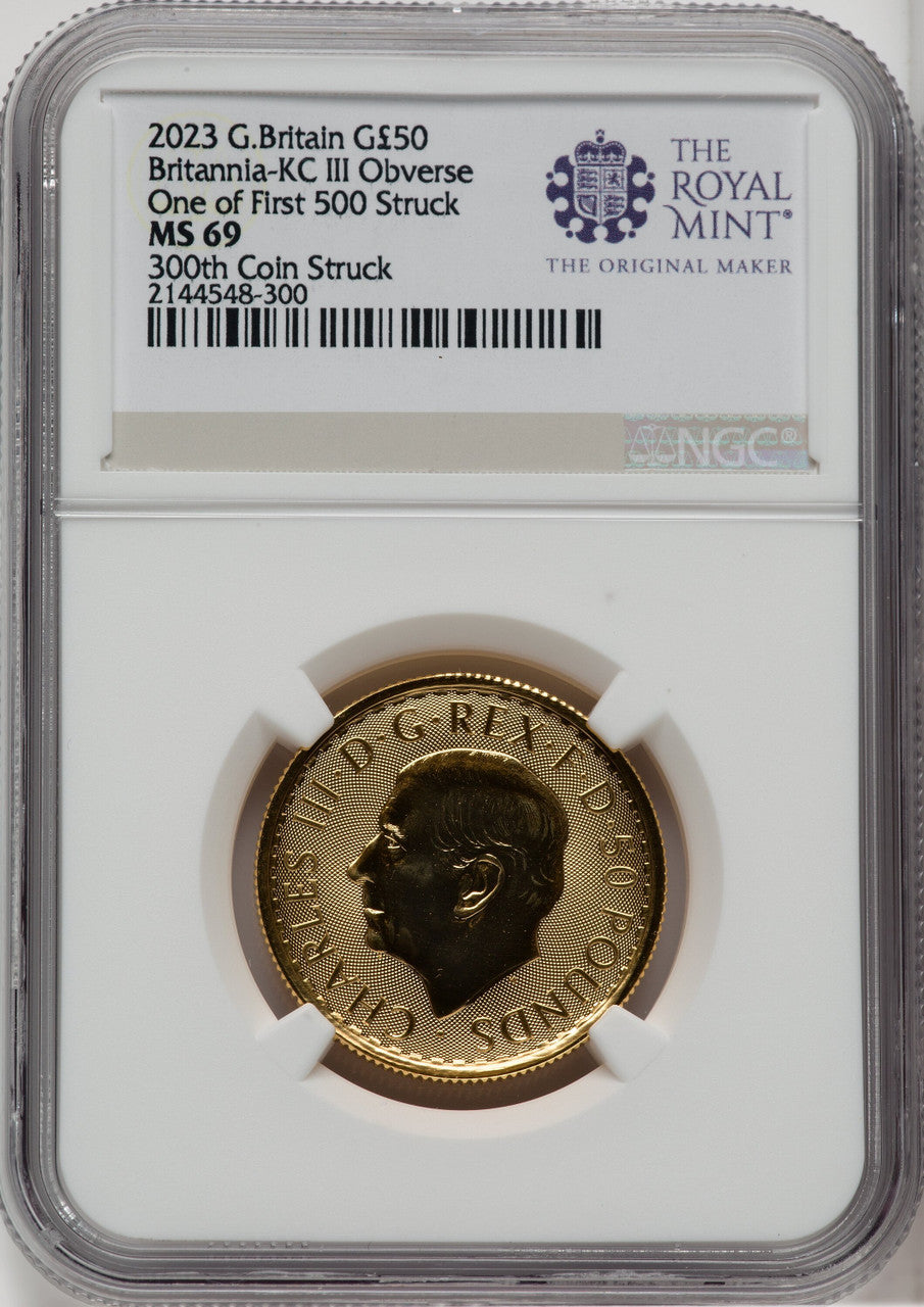 2023 G.B. G$50 BRITTANIA-KC III OBVERSE 300TH COIN STRUCK Royal Succession NGC MS69