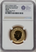 2023 G.B. G$50 BRITTANIA-KC III OBVERSE 305TH COIN STRUCK Royal Succession NGC MS69