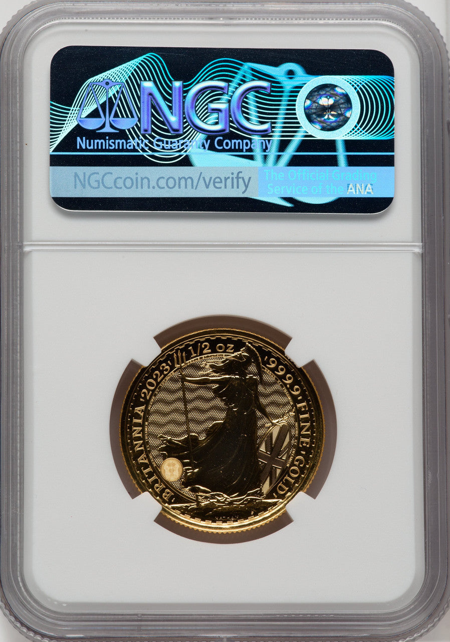2023 G.B. G$50 BRITTANIA-KC III OBVERSE 351ST COIN STRUCK Royal Succession NGC MS69
