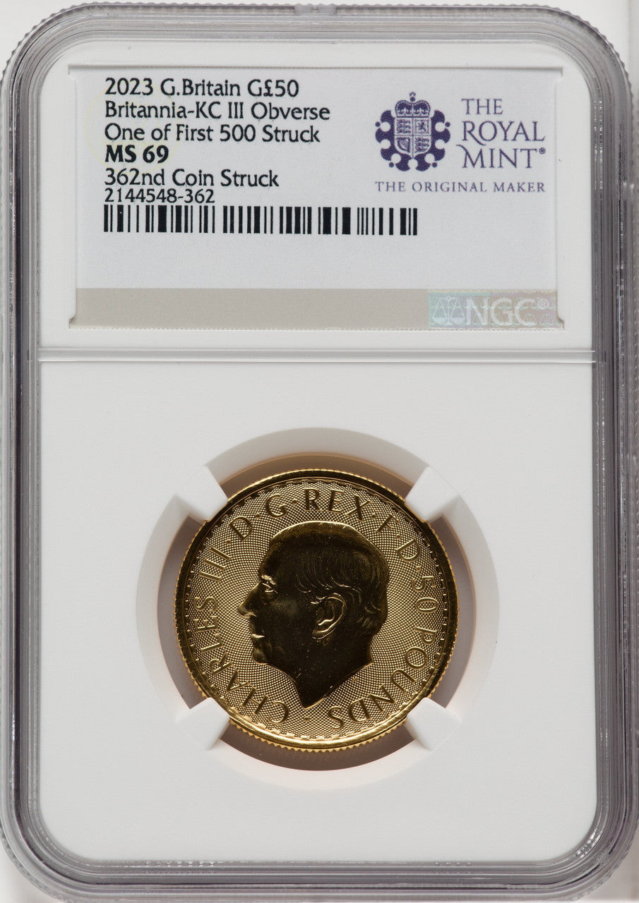 2023 G.B. G$50 BRITTANIA-KC III OBVERSE 362ND COIN STRUCK Royal Succession NGC MS69