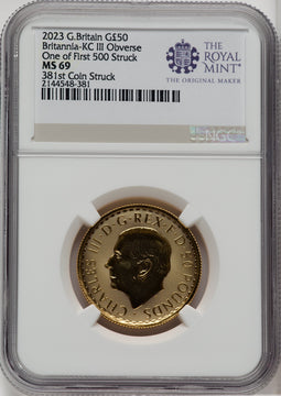 2023 G.B. G$50 BRITTANIA-KC III OBVERSE 381ST COIN STRUCK Royal Succession NGC MS69