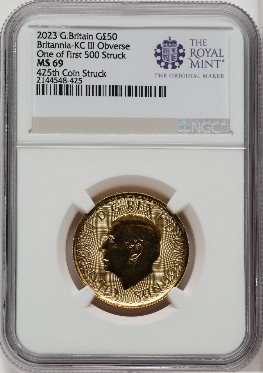 2023 G.B. G$50 BRITTANIA-KC III OBVERSE 425TH COIN STRUCK Royal Succession NGC MS69