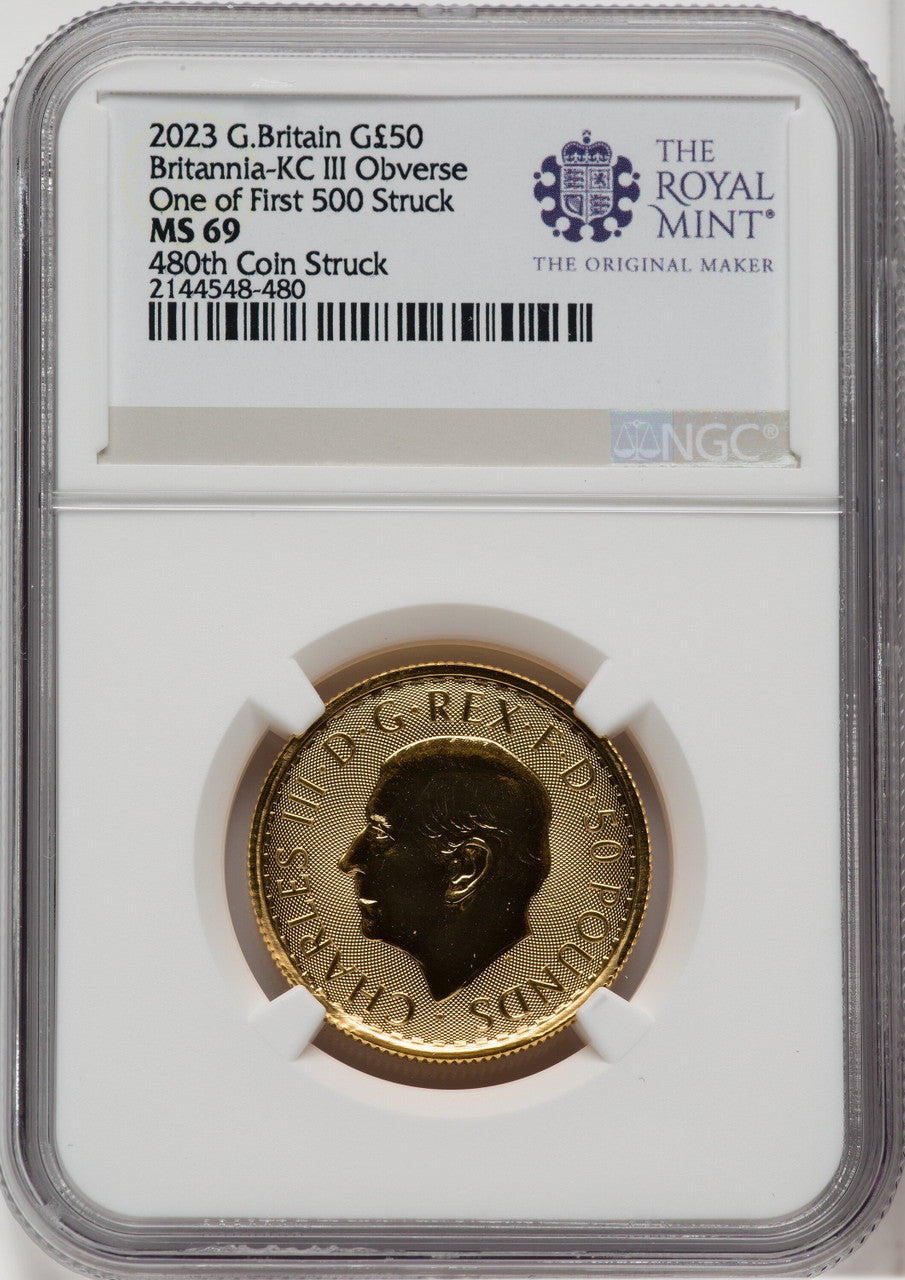 2023 G.B. G$50 BRITTANIA-KC III OBVERSE 480TH COIN STRUCK Royal Succession NGC MS69
