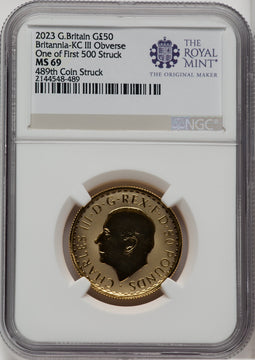 2023 G.B. G$50 BRITTANIA-KC III OBVERSE 489TH COIN STRUCK Royal Succession NGC MS69