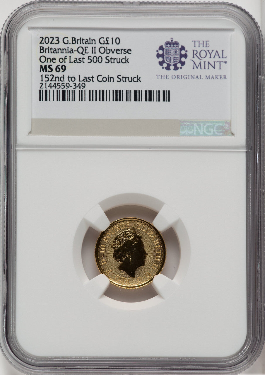 2023 G.B. G$10 BRITANNIA-QE II OBVERSE 152ND TO LAST COIN STRUCK Royal Succession NGC MS69
