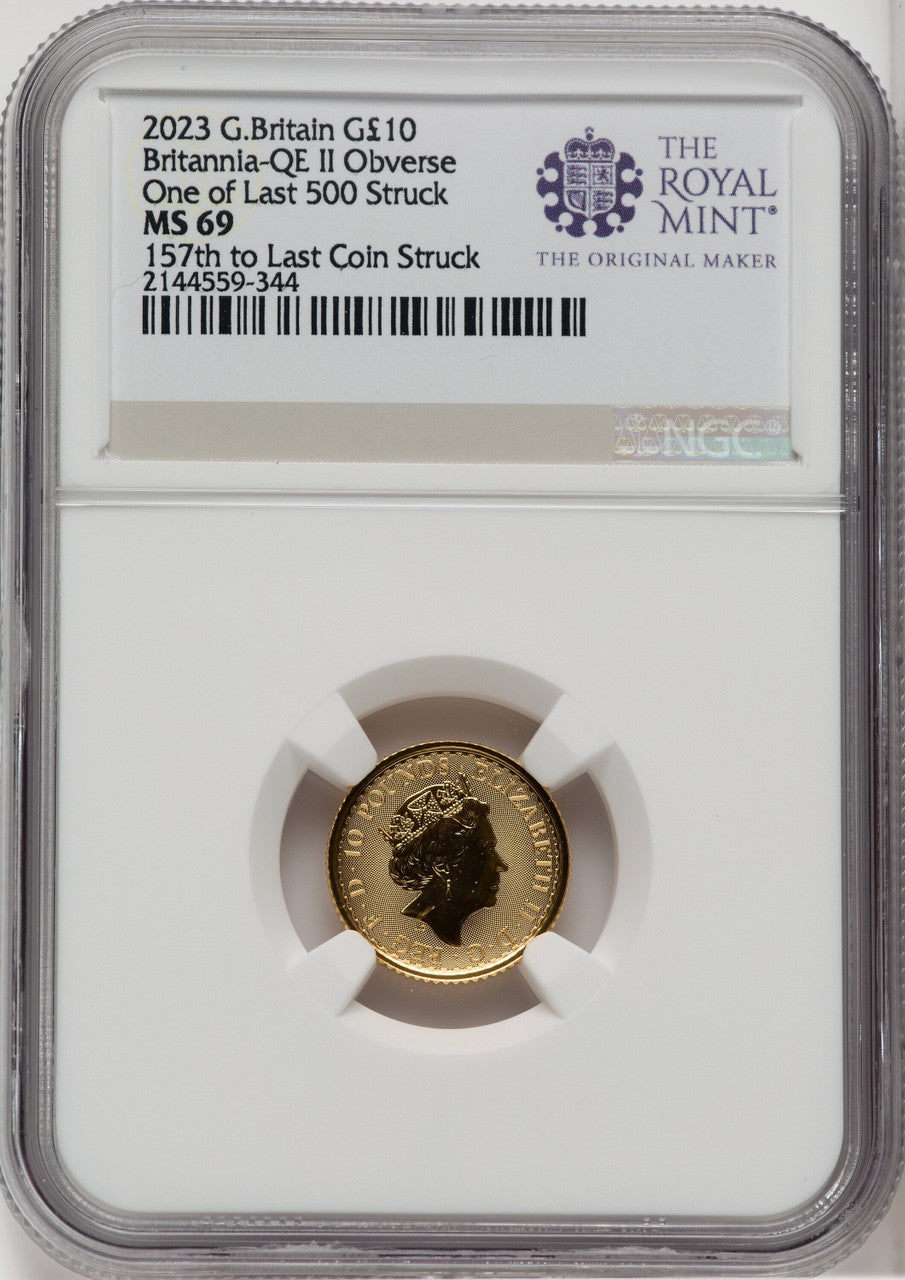 2023 G.B. G$10 BRITANNIA-QE II OBVERSE 157TH TO LAST COIN STRUCK Royal Succession NGC MS69