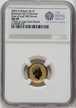2023 G.B. G$10 BRITANNIA-QE II OBVERSE 175TH TO LAST COIN STRUCK Royal Succession NGC MS69
