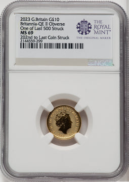 2023 G.B. G$10 BRITANNIA-QE II OBVERSE 202ND TO LAST COIN STRUCK Royal Succession NGC MS69