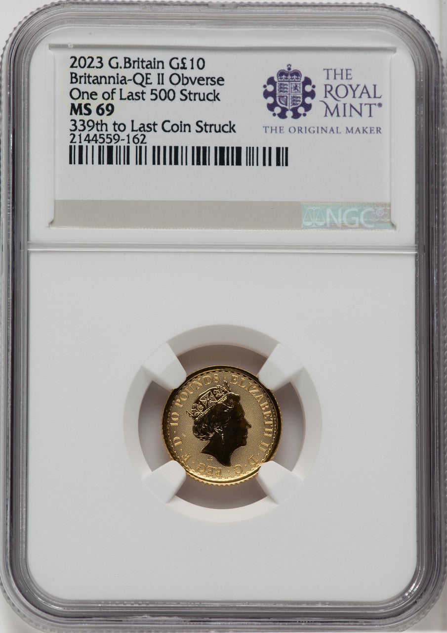 2023 G.B. G$10 BRITANNIA-QE II OBVERSE 339TH TO LAST COIN STRUCK Royal Succession NGC MS69