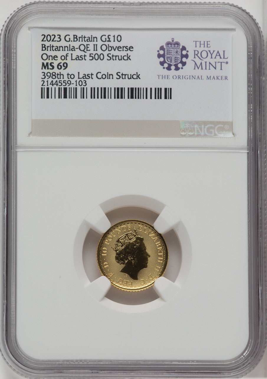 2023 G.B. G$10 BRITANNIA-QE II OBVERSE 398TH TO LAST COIN STRUCK Royal Succession NGC MS69