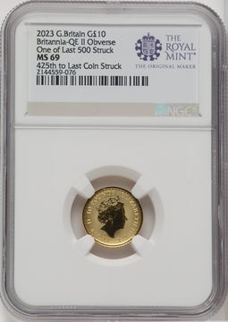 2023 G.B. G$10 BRITANNIA-QE II OBVERSE 425TH TO LAST COIN STRUCK Royal Succession NGC MS69