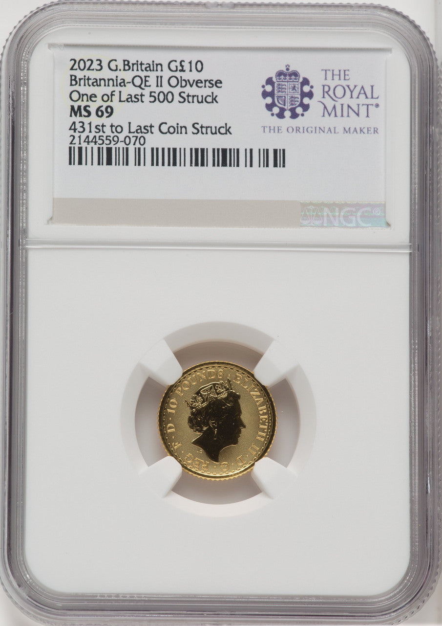 2023 G.B. G$10 BRITANNIA-QE II OBVERSE 431ST TO LAST COIN STRUCK Royal Succession NGC MS69