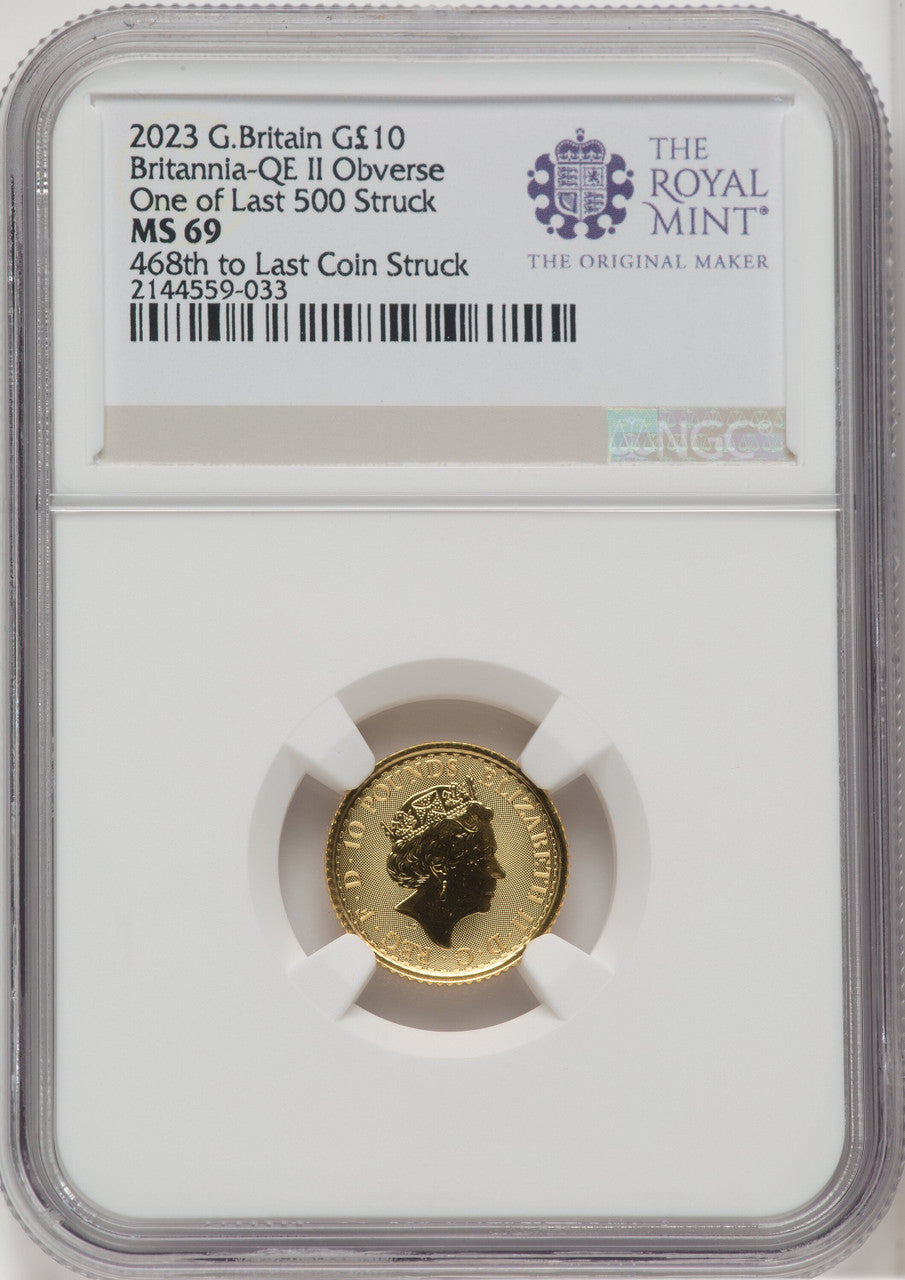 2023 G.B. G$10 BRITANNIA-QE II OBVERSE 468TH TO LAST COIN STRUCK Royal Succession NGC MS69
