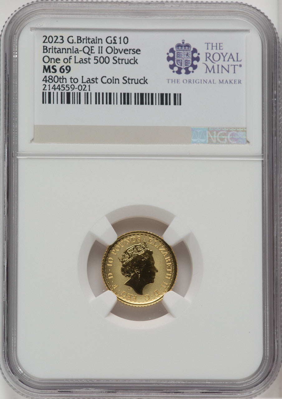 2023 G.B. G$10 BRITANNIA-QE II OBVERSE 480TH TO LAST COIN STRUCK Royal Succession NGC MS69
