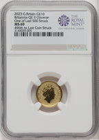 2023 G.B. G$10 BRITANNIA-QE II OBVERSE 496TH TO LAST COIN STRUCK Royal Succession NGC MS69