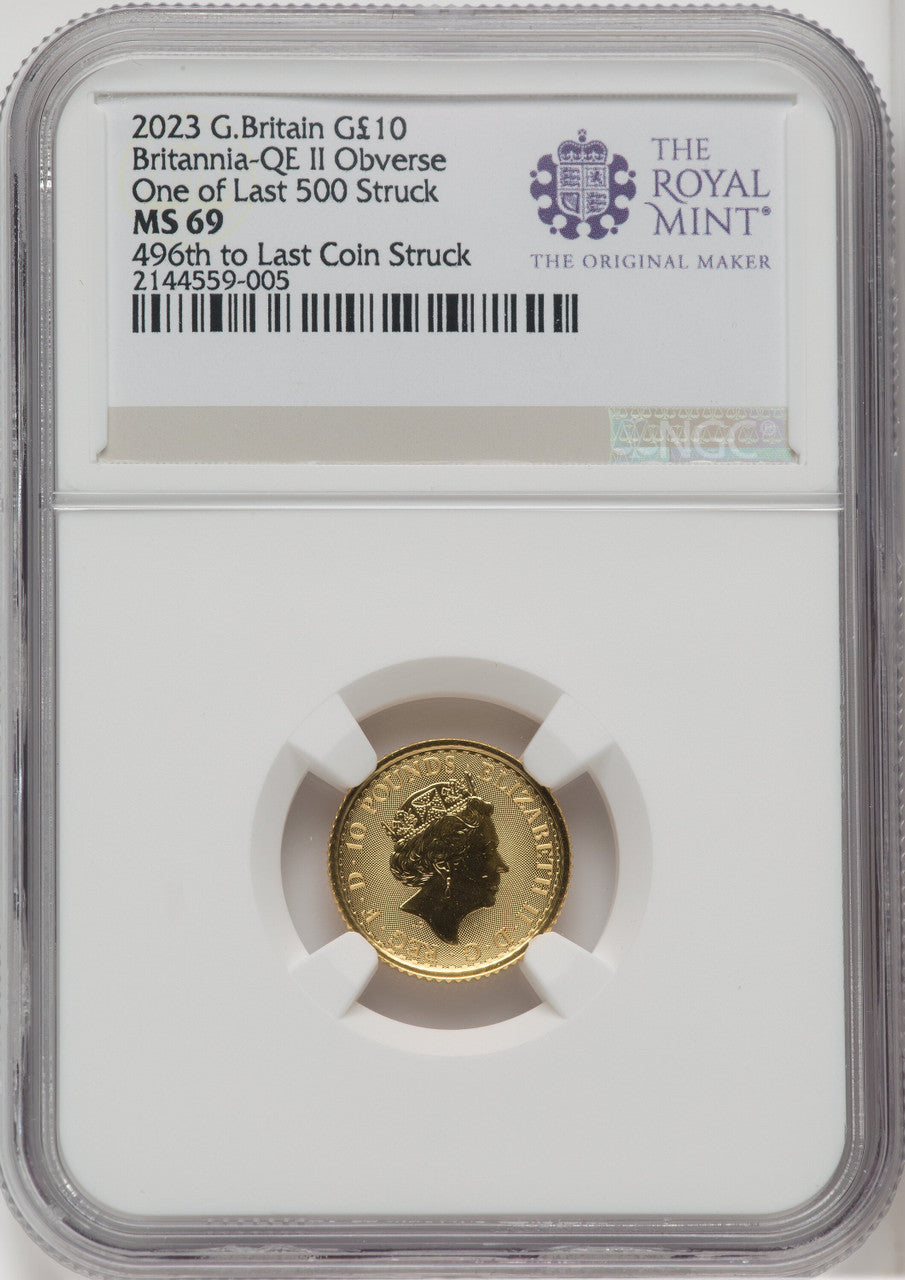 2023 G.B. G$10 BRITANNIA-QE II OBVERSE 496TH TO LAST COIN STRUCK Royal Succession NGC MS69
