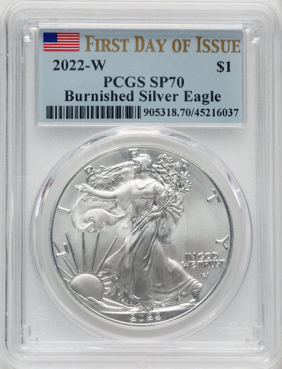 2022-W S$1 Silver Eagle Burnished FDI PCGS SP70