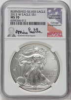 2013-W S$1 Silver Eagle Burnished Mike Castle Signature NGC MS70