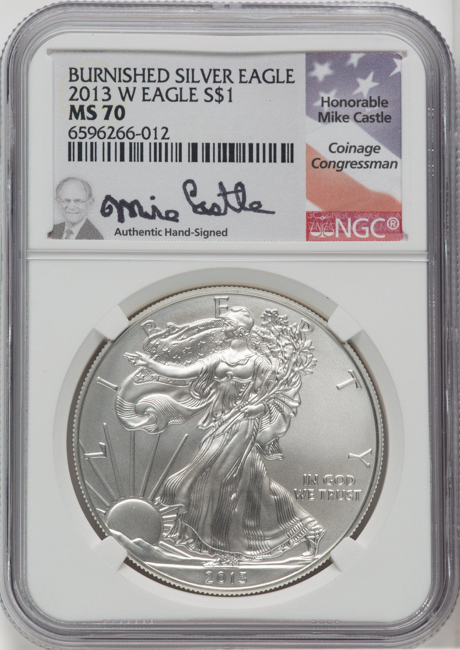 2013-W S$1 Silver Eagle Burnished Mike Castle Signature NGC MS70