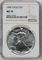1989 $1 Silver Eagle Brown Label NGC MS70