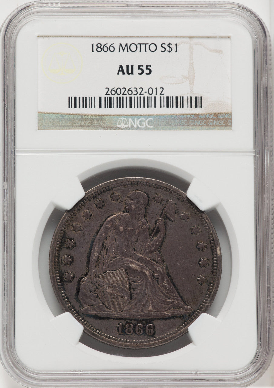 1866 S$1 Motto Seated Dollar NGC AU55