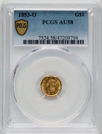 1853-O G$1 Gold Dollar PCGS AU58