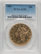 1859 $20 Liberty Double Eagle PCGS AU55