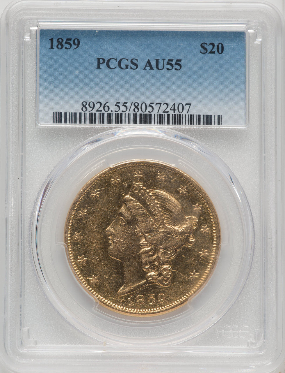 1859 $20 Liberty Double Eagle PCGS AU55