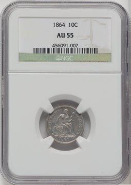 1864 10C Seated Dime NGC AU55