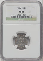1864 10C Seated Dime NGC AU55