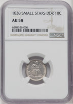 1838 Small Stars Seated Dime NGC AU58