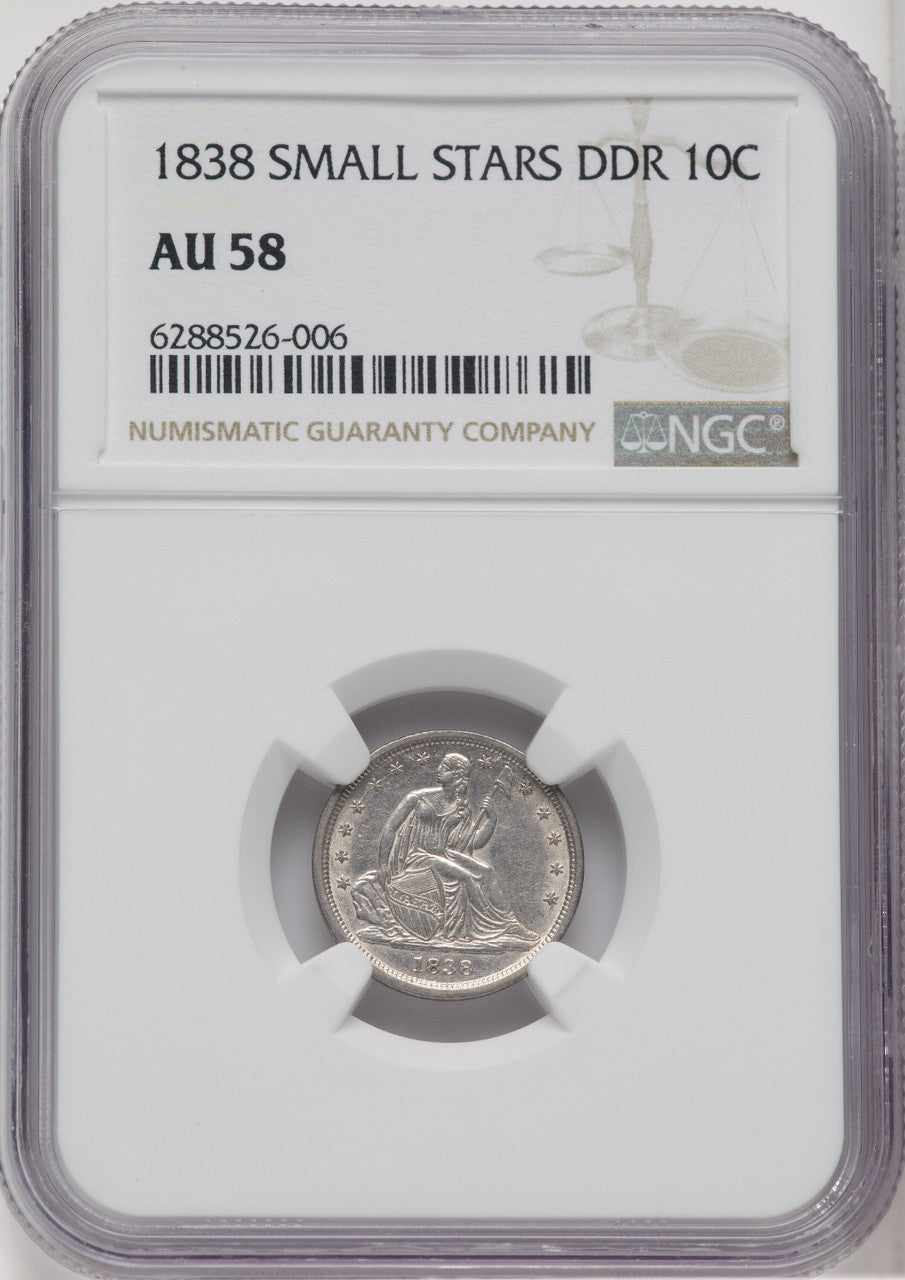 1838 Small Stars Seated Dime NGC AU58