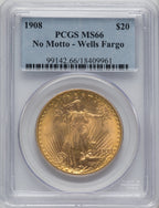 1908 NM $20 Wells Fargo Saint-Gaudens Double Eagle PCGS MS66 (763984034)