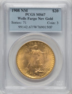 1908 NM $20 Wells Fargo Saint-Gaudens Double Eagle PCGS MS67 (764786056)