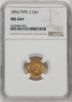 1854 G$1 Type Two Gold Dollar NGC MS64+