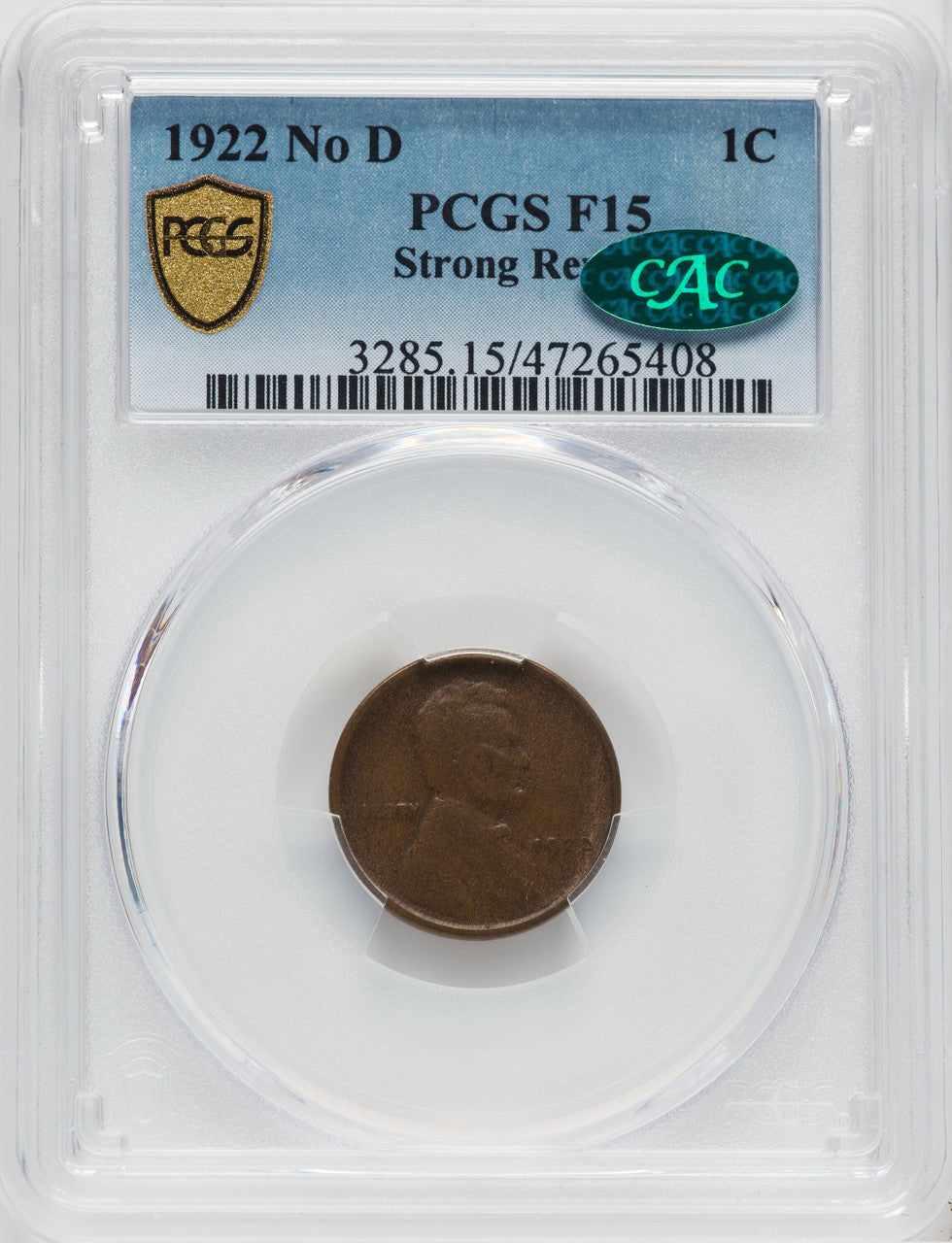 1922 No D Strong Reverse BN CAC Lincoln Cent PCGS 15