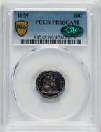 1859 10C CA CAC Proof Seated Dime PCGS PR66