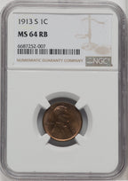 1913-S 1C RB Lincoln Cent NGC MS64