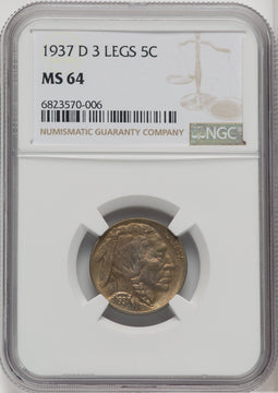 1937-D 5C Three-Legged FS-901 Buffalo Nickel NGC MS64