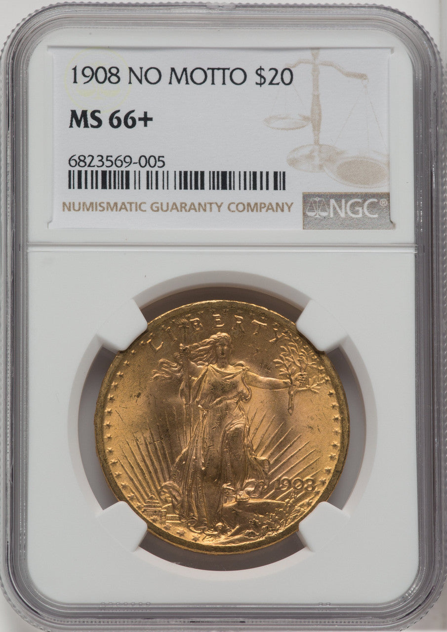1908 $20 NO MOTTO Saint-Gaudens Double Eagle NGC MS66+