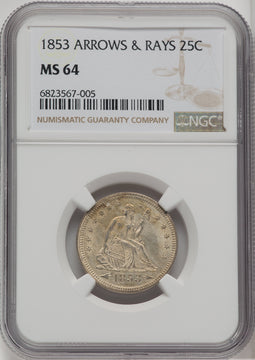 1853 25c Arrows and Rays Seated Quarter NGC MS64